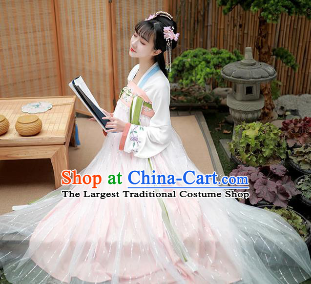 Chinese Traditional Tang Dynasty Noble Lady Hanfu Garment Ancient Costumes White Blouse and Pink Dress for Women