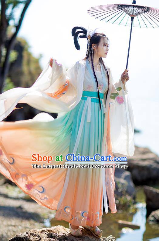 Chinese Tang Dynasty Princess Costumes Traditional Hanfu Garment Ancient Princess Embroidered Cloak Blouse and Skirt Full Set