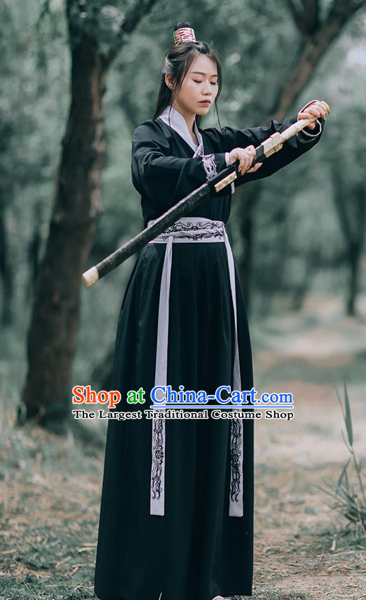 Chinese Ming Dynasty Swordsman Costumes Traditional Hanfu Garment Ancient Young Knight Black Shirt and Skirt Full Set