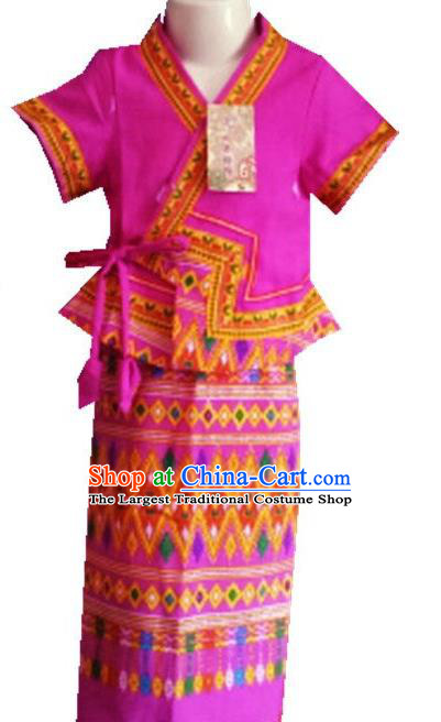 Chinese Dai Nationality Girl Dress Costumes Traditional Dai Ethnic Children Fuchsia Blouse and Straight Skirt for Kids