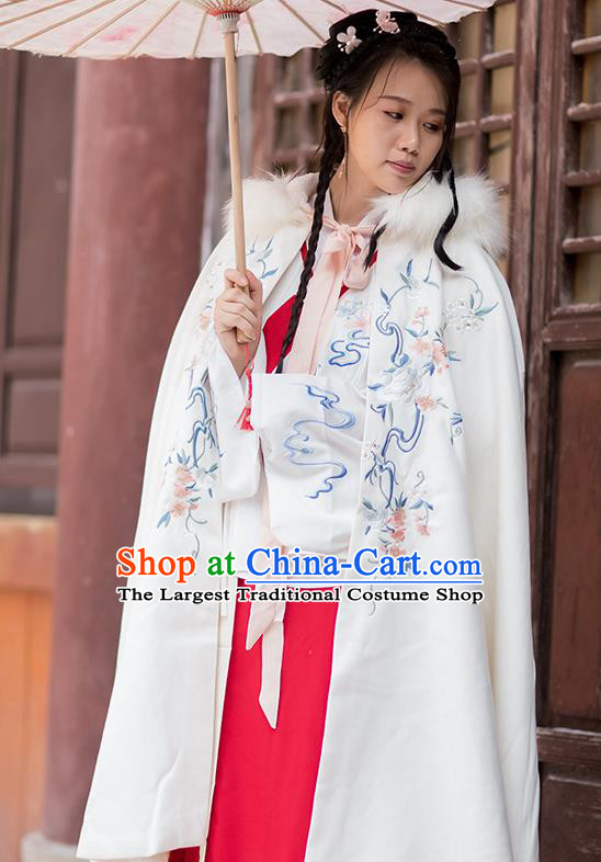 Chinese Ming Dynasty Embroidered White Hooded Cloak Costumes Traditional Ancient Hanfu Garment Winter Woolen Cape for Women