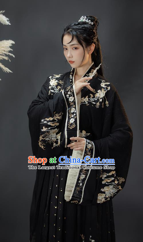 Traditional Chinese Jin Dynasty Swordsman Costumes Ancient Noble Childe Hanfu Garment Embroidered Black Blouse and Skirt Full Set