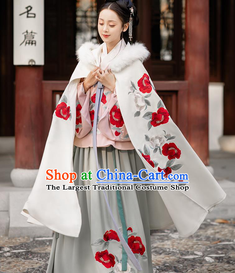 Chinese Ming Dynasty Noble Lady Costumes Traditional Ancient Princess Hanfu Garment Embroidered Short Cape Blouse and Skirt Full Set