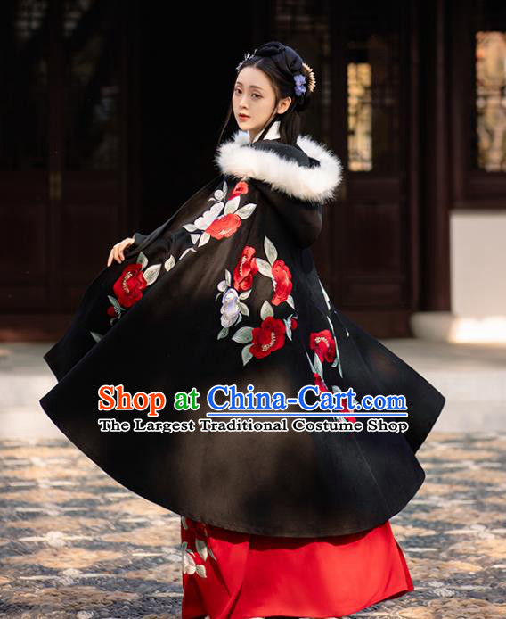 Chinese Ming Dynasty Embroidered Black Cape Costumes Traditional Ancient Noble Lady Garment Hanfu Cloak for Women