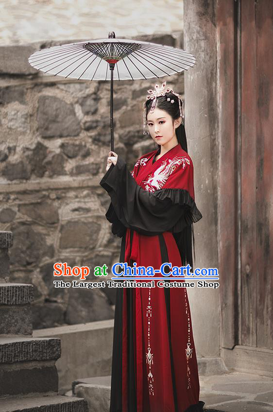 Chinese Jin Dynasty Royal Princess Embroidered Costumes Traditional Ancient Swordswoman Garment Hanfu Dress Red Blouse and Skirt Full Set