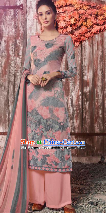Asian India National Costumes Asia Indian Traditional Printing Leaf Pink Crepe Dress Sari and Loose Pants for Women