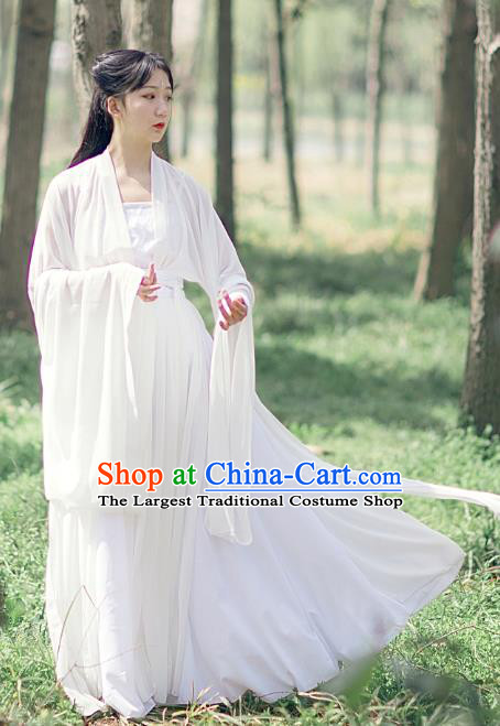 Traditional Chinese Tang Dynasty Female Swordsman Costumes Ancient Goddess White Hanfu Dress Apparel for Women