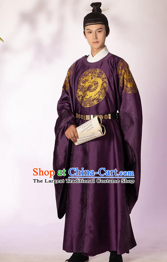 China Ming Dynasty Emperor Historical Clothing Ancient Royal Monarch Purple Imperial Robe for Men