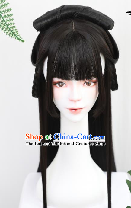 China Handmade Ancient Noble Lady Wig Sheath Traditional Jin Dynasty Princess Straight Bangs Wiggery Headdress