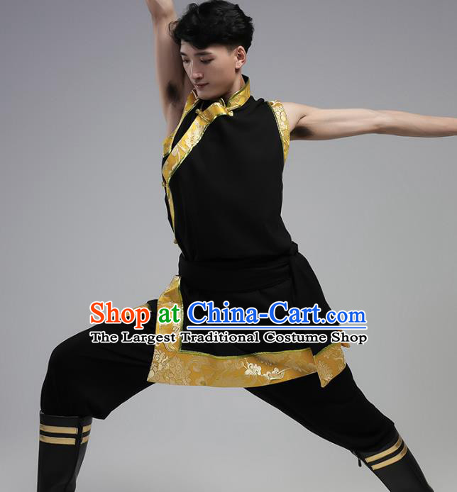 China Traditional Ethnic Costume Zang Nationality Folk Dance Black Shirt and Pants Outfits