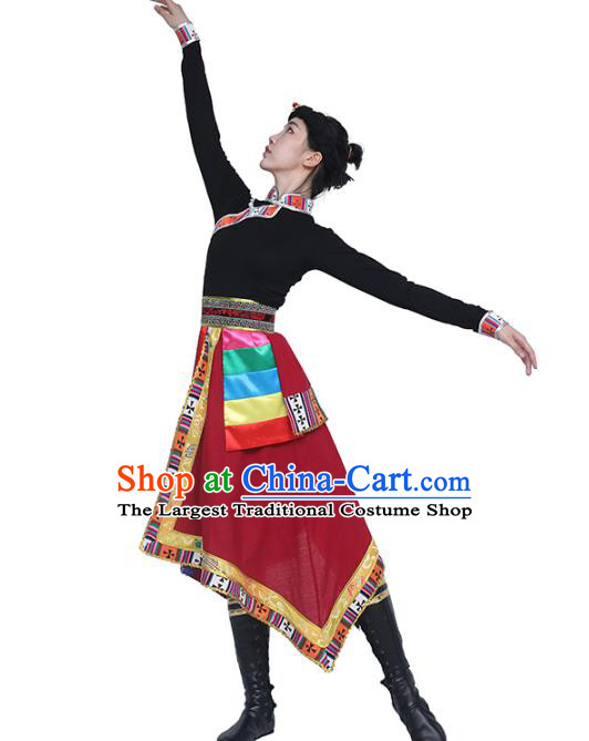 China Handmade Tibetan Ethnic Black Blouse and Red Skirt Outfits Traditional Zang Nationality Folk Dance Clothing