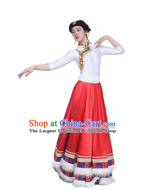 China Traditional Zang Nationality Dance Clothing Tibetan Ethnic White Blouse and Red Skirt Outfits