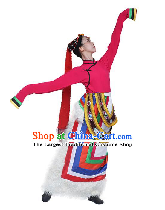 China Traditional Zang Nationality Women Folk Dance Clothing Tibetan Ethnic Dance Rosy Blouse and White Skirt Outfits