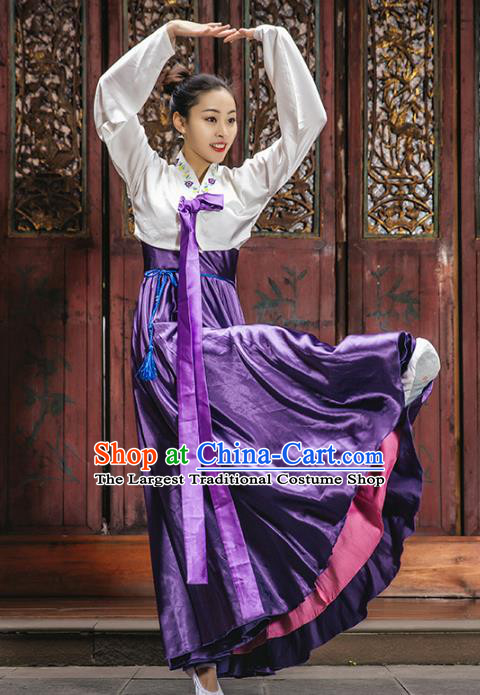 Chinese Classical Dance Clothing Traditional Korean Nationality Dance White Blouse and Purple Dress Complete Set