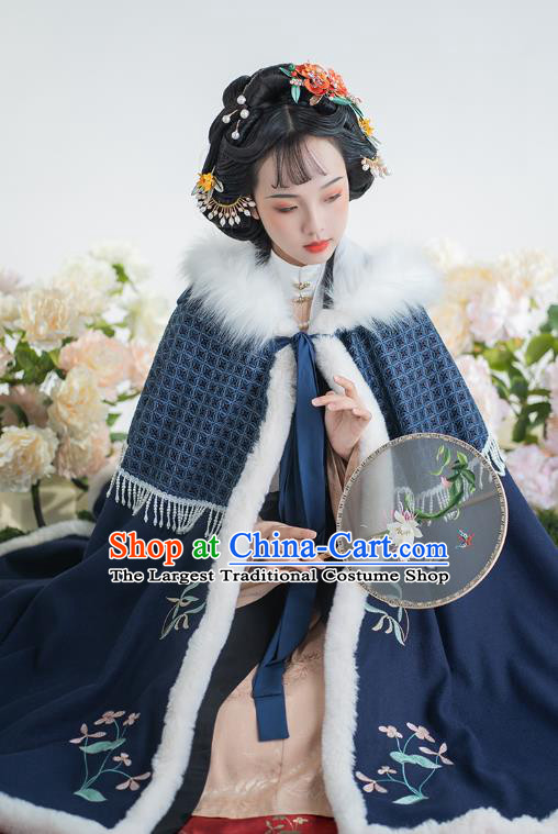 China Traditional Ming Dynasty Historical Clothing Ancient Nobility Lady Hanfu Embroidered Navy Cloak