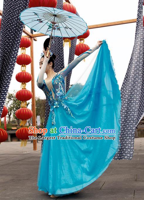 Traditional China Opening Dance Stage Show Costumes Classical Dance Clothing Umbrella Dance Blue Dress