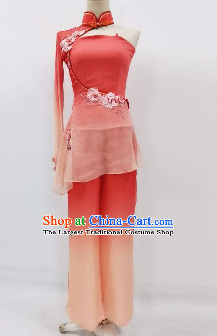 China Traditional Umbrella Dance Clothing Women Yangko Dance Blouse and Pants Fan Dance Red Outfits