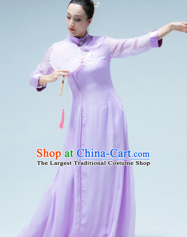 Traditional China Umbrella Dance Lilac Qipao Dress Classical Dance Stage Show Fan Dance Costume