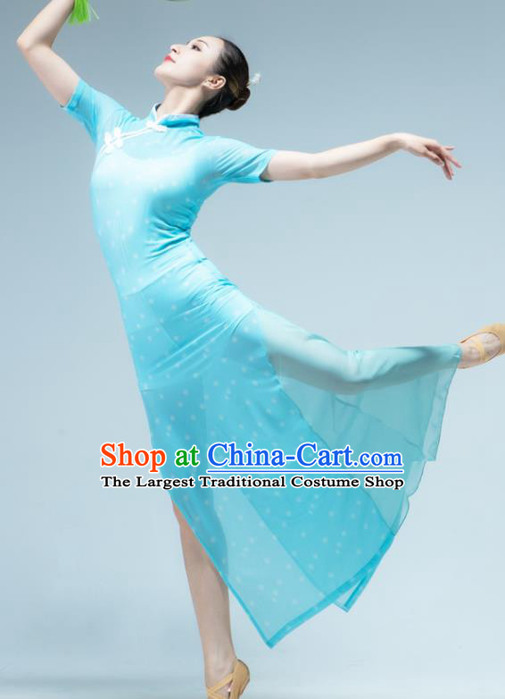 Traditional China Classical Dance Stage Show Light Blue Chiffon Qipao Dress Song of the Fishermen Fan Dance Costume