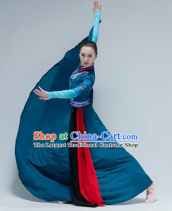 China Mongol Nationality Folk Dance Deep Blue Dress Traditional Mongolian Ethnic Dance Stage Performance Clothing