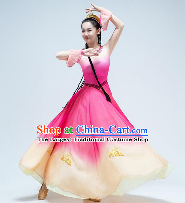 China Traditional Xinjiang Ethnic Stage Performance Clothing Uyghur Nationality Dance Rosy Dress