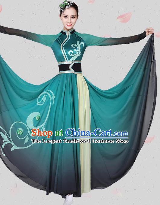 China Traditional Mongolian Ethnic Dance Clothing Mongol Nationality Stage Show Green Dress