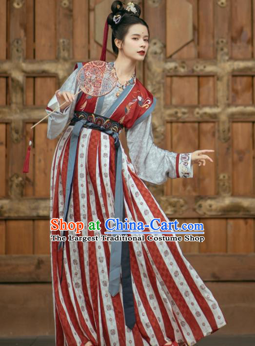 Traditional China Ancient Palace Lady Embroidered Red Hanfu Dress Tang Dynasty Young Beauty Historical Clothing