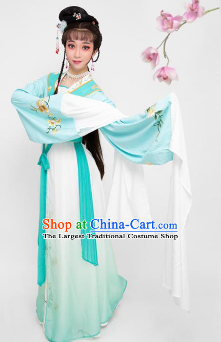 China Shaoxing Opera Young Beauty Garment Costumes Traditional Beijing Opera Diva Blue Dress Clothing and Headpieces