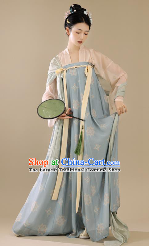 Chinese Traditional Tang Dynasty Young Lady Garment Costumes Ancient Hanfu Clothing Blue Qixiong Ruqun Hanfu Dress