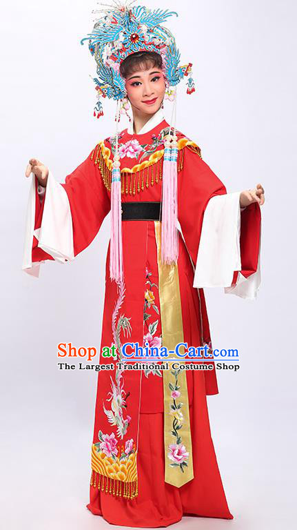 China Shaoxing Opera Bride Garment Costumes Traditional Yue Opera Princess Wedding Red Dress Clothing and Phoenix Crown