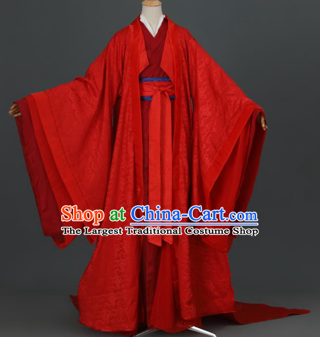 China Traditional Hanfu Wedding Apparels Ancient Young Childe Red Clothing Cosplay Prince Garment Costumes