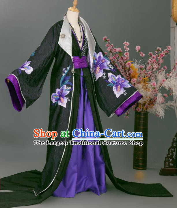 China Ancient Swordsman Printing Black Clothing Cosplay Noble Childe Garment Costumes Traditional Xian Xia Chief Hanfu Apparels