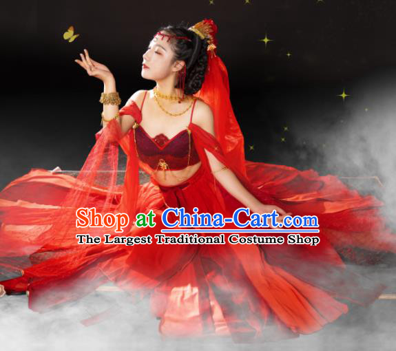 China Traditional Hanfu Dance Apparels Ancient Dunhuang Goddess Red Dress Clothing Cosplay Flying Fairy Garment Costumes