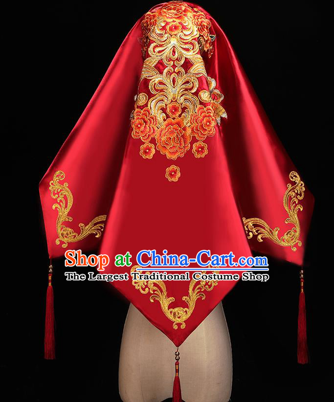 Chinese Traditional Wedding Accessories Embroidered Peony Red Bridal Veil