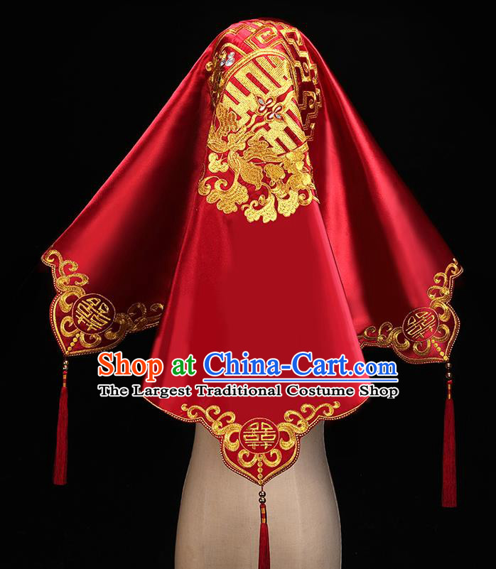 Chinese Traditional Wedding Headdress Embroidered Red Satin Bridal Veil Accessories