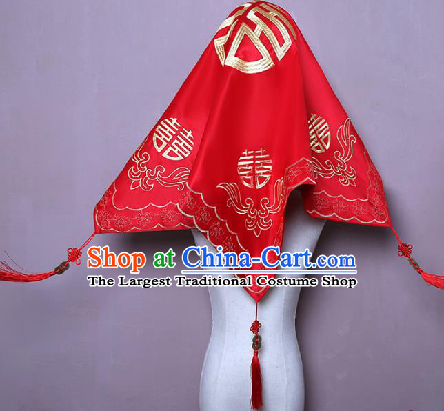 Chinese Classical Wedding Headpiece Traditional Xiuhe Suit Accessories Embroidered Red Satin Bridal Veil