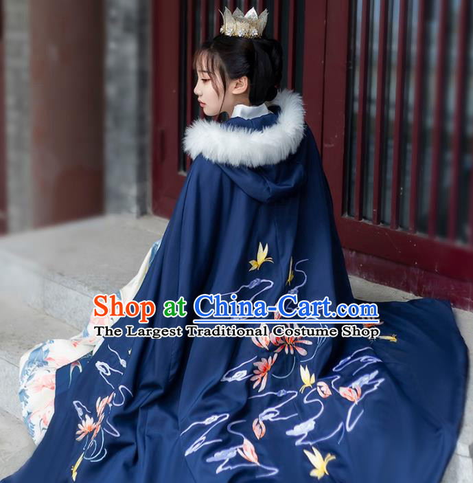 China Ancient Court Woman Costume Traditional Ming Dynasty Princess Embroidered Royalblue Cape