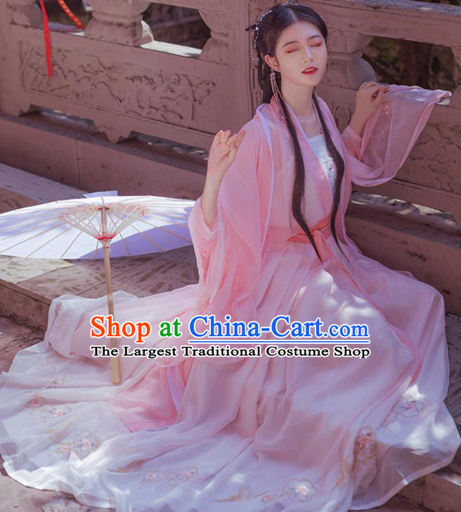 China Ancient Goddess Pink Hanfu Dress Traditional Ming Dynasty Young Beauty Clothing for Women