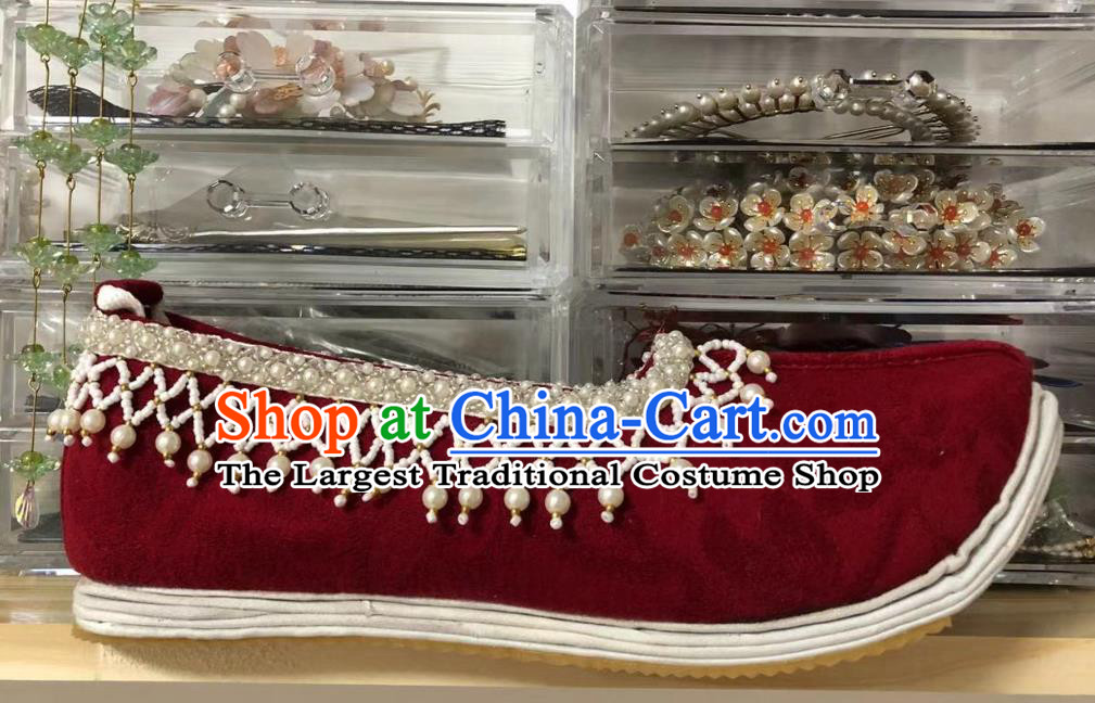 China Classical Deep Red Cloth Shoes Traditional Ming Dynasty Hanfu Shoes Ancient Princess Pearls Shoes