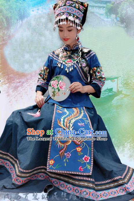 Chinese Bouyei Ethnic Woman Costume Puyi Nationality Dress Minority Folk Dance Clothing and Embroidered Hat