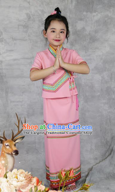 China Dai Nationality Costumes Yunnan Province Ethnic Minority Children Pink Outfits