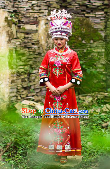 Chinese Ethnic Bride Red Outfits Tujia Nationality Wedding Dress Clothing and Headdress