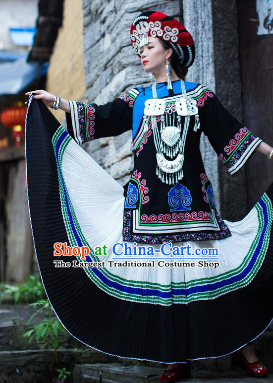 Chinese Ethnic Folk Dance Outfits Costumes Yi Nationality Wedding Bride Dress Clothing and Headdress