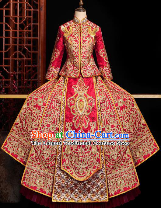 Chinese Traditional Wedding Embroidered Clothing Classical Bride Toast Costumes Xiuhe Suit Drilling Red Outfits