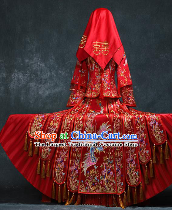 Chinese Traditional Embroidery Phoenix Peony Xiuhe Suit Wedding Toast Red Outfits Clothing Ancient Bride Costumes