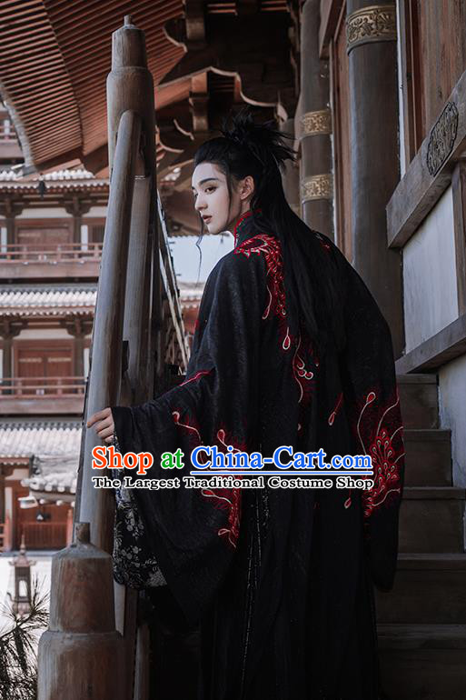 China Ancient Swordsman Black Hanfu Clothing Traditional Jin Dynasty Prince Costumes for Men