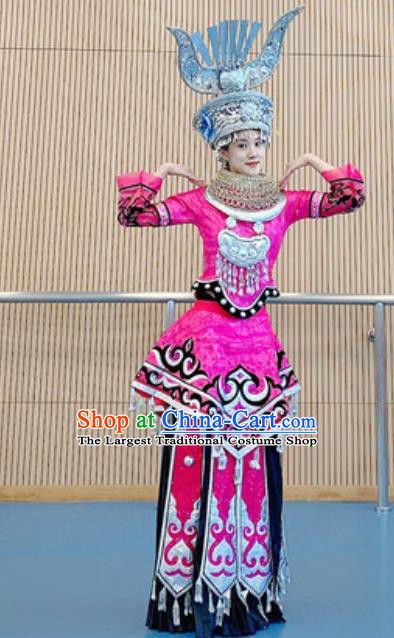 Chinese Miao Nationality Minority Wedding Bride Costumes Ethnic Folk Dance Rosy Dress Outfits