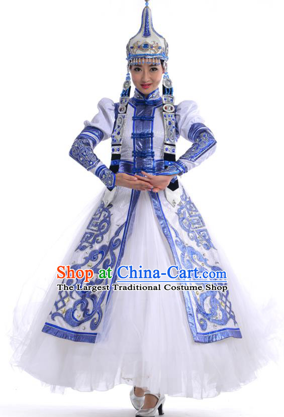 Chinese Mongol Nationality Minority Stage Performance Costumes Mongolian Ethnic Bride White Dress Outfits