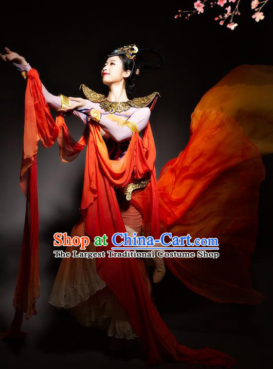 China Flying Apsaras Stage Performance Clothing Woman Classical Dance Red Outfits