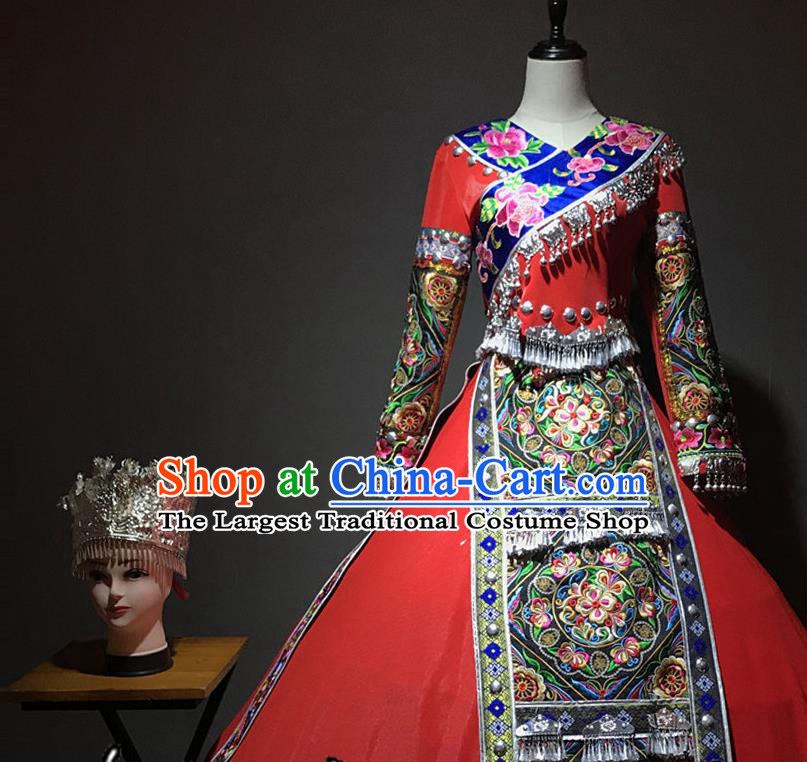 Chinese Miao Nationality Wedding Bride Costumes Hmong Ethnic Minority Stage Performance Red Dress and Silver Hat